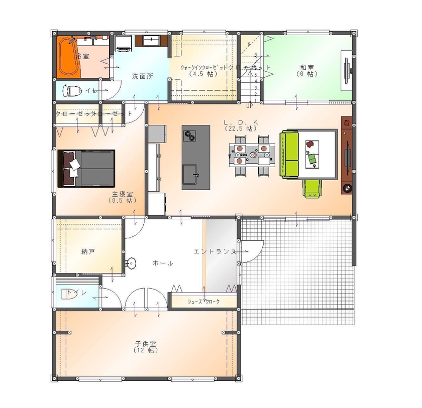 SAMATA 【平屋/3250万円/40坪/間取り図あり】40坪スキップフロアのある勾配天井の平屋の間取り図（3LDK）1階