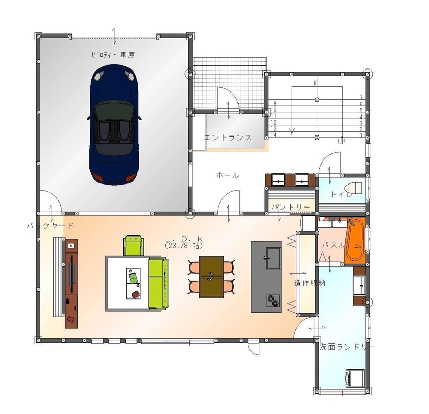 SAMATA 【4000万円/52.3坪/間取り図あり】洗練された外観に遊び心満載のガレージハウスの間取り図（3LDK）1階