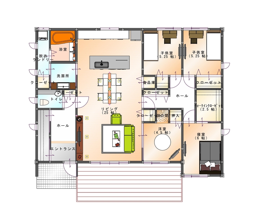 SAMATA 【平屋/3320万円/35.8坪/間取り図あり】BLACK×子育て世帯の約36坪の平屋の間取り図（4LDK+小屋裏収納）1階
