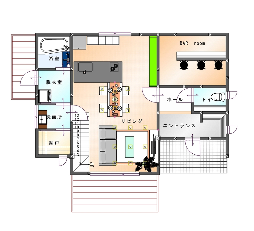 SAMATA 遊び心満載！隠し扉とバーカウンターのあるお家 の間取り図（4LDK）１階