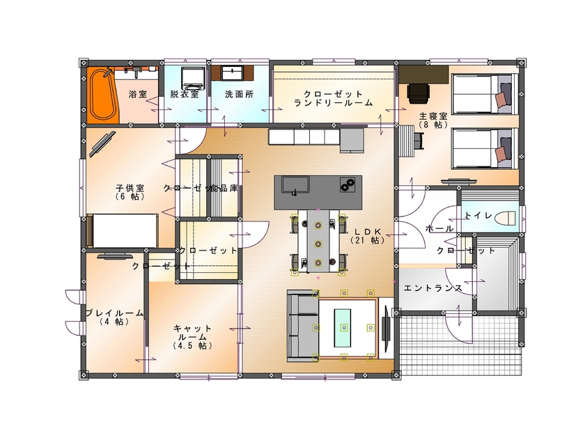 SAMATA 愛猫と暮らす平屋ならではの回遊動線の間取り図（4LDK）1階