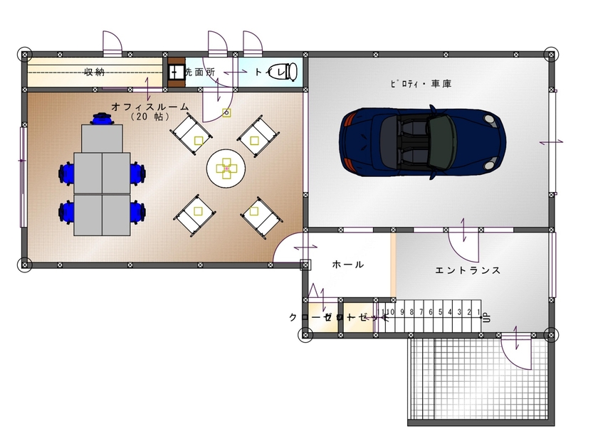 SAMATA 【5100万円/53.64坪/間取り図あり】事務所兼用こだわり抜いたガレージハウスの間取り図（1LDK+オフィス）1階