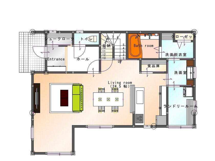 SAMATA 【2489万円/42.08坪/間取り図あり】水回り動線とランドリーで家事ラクな間取りのお家の間取り図（4LDK）1階