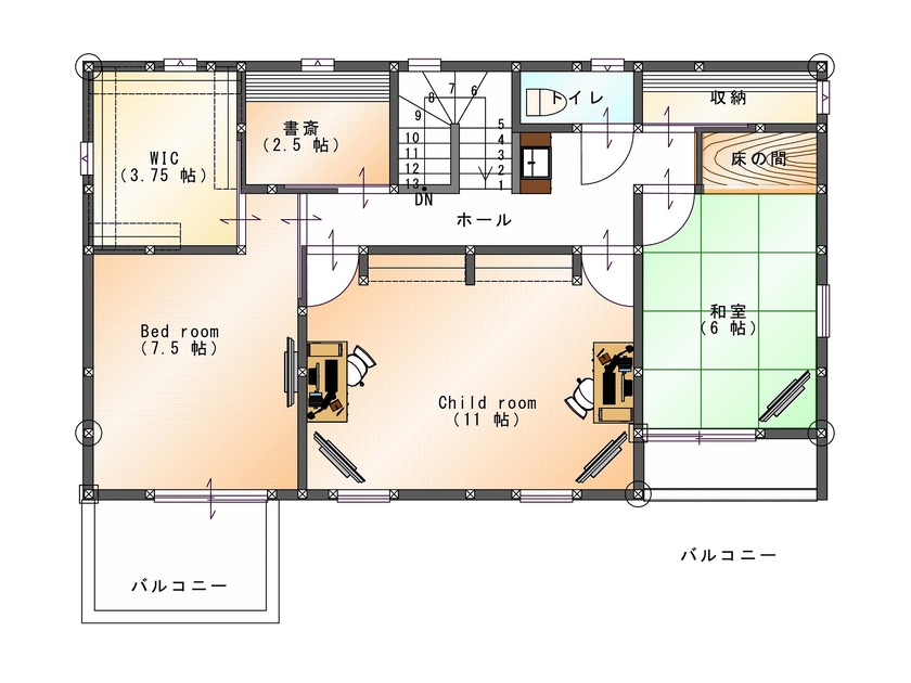 SAMATA 【2489万円/42.08坪/間取り図あり】水回り動線とランドリーで家事ラクな間取りのお家の間取り図（4LDK）2階