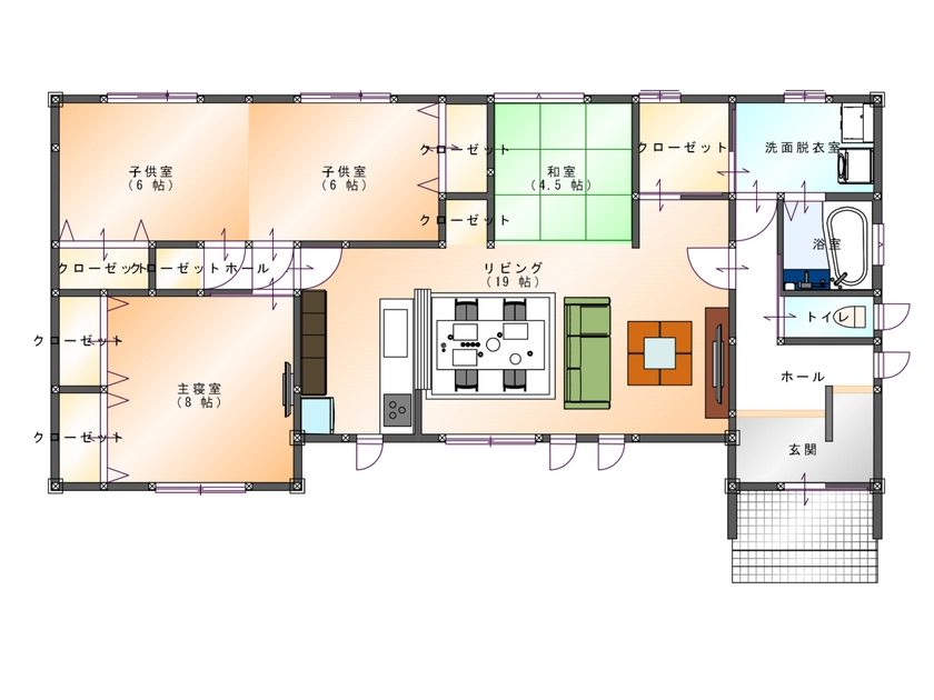 SAMATA 【2595万円/31.81坪/間取り図あり】無垢材と塗り壁を調和させた、すっきりと無駄を感じさせない平屋の間取り図（3LDK+タタミコーナー）１階