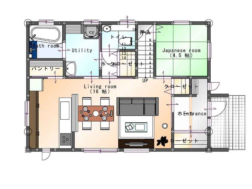 SAMATA 【2390万円/32.56坪/間取り図あり】日当たり抜群のベランダと、広々とした2階寝室の和室の間取り図（4LDK）1階