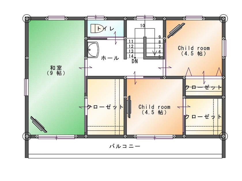 SAMATA 【2390万円/32.56坪/間取り図あり】日当たり抜群のベランダと、広々とした2階寝室の和室の間取り図（4LDK）2階