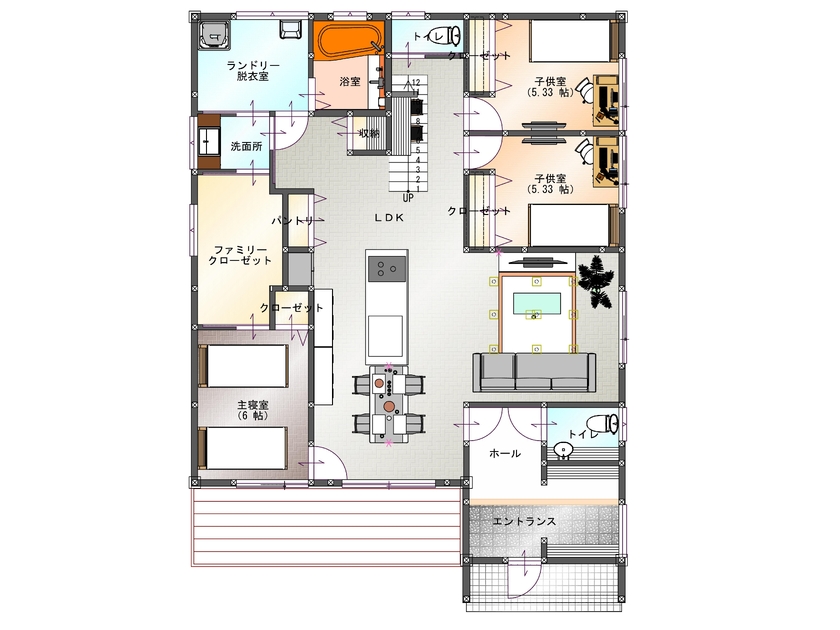 SAMATA 【3,448万円/35.06坪】２８畳広々リビングと横並びダイニングがある家 の間取り図（3LDK+小屋裏収納）1階