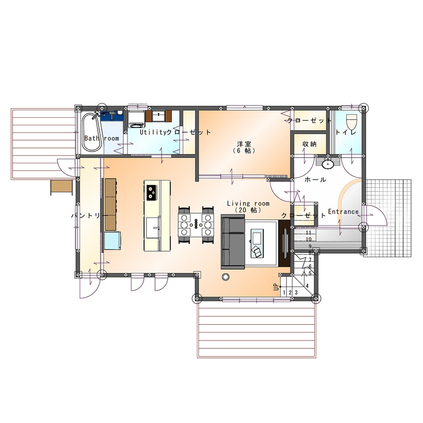SAMATA 【2450万円/38.4坪】吹き抜けの三連窓から光が降り注ぐ、開放感あふれる住まいの間取り図（4LDK）1階