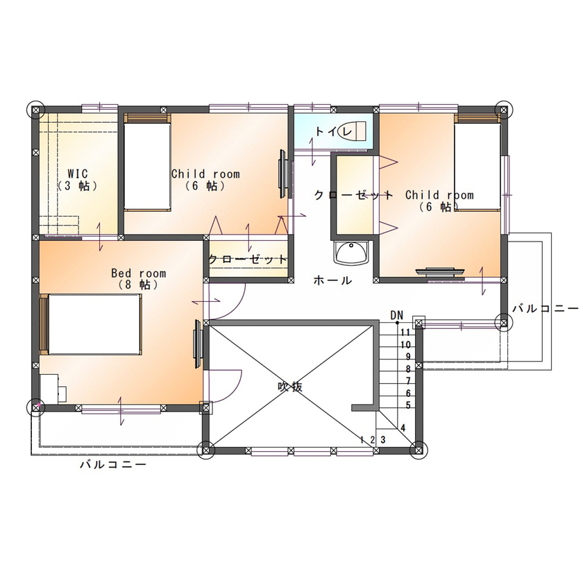 SAMATA 【2450万円/38.4坪】吹き抜けの三連窓から光が降り注ぐ、開放感あふれる住まいの間取り図（4LDK）2階