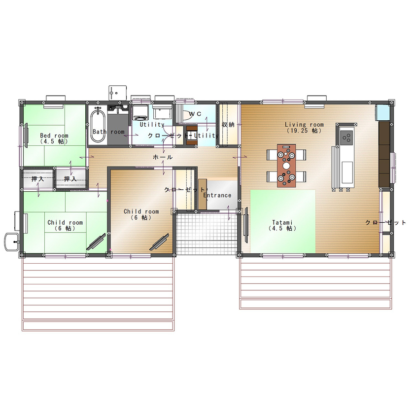 SAMATA 【2270万円/28.3坪】南からの陽光が家中を包む、くつろぎの平屋の間取り図（3LDK）1階