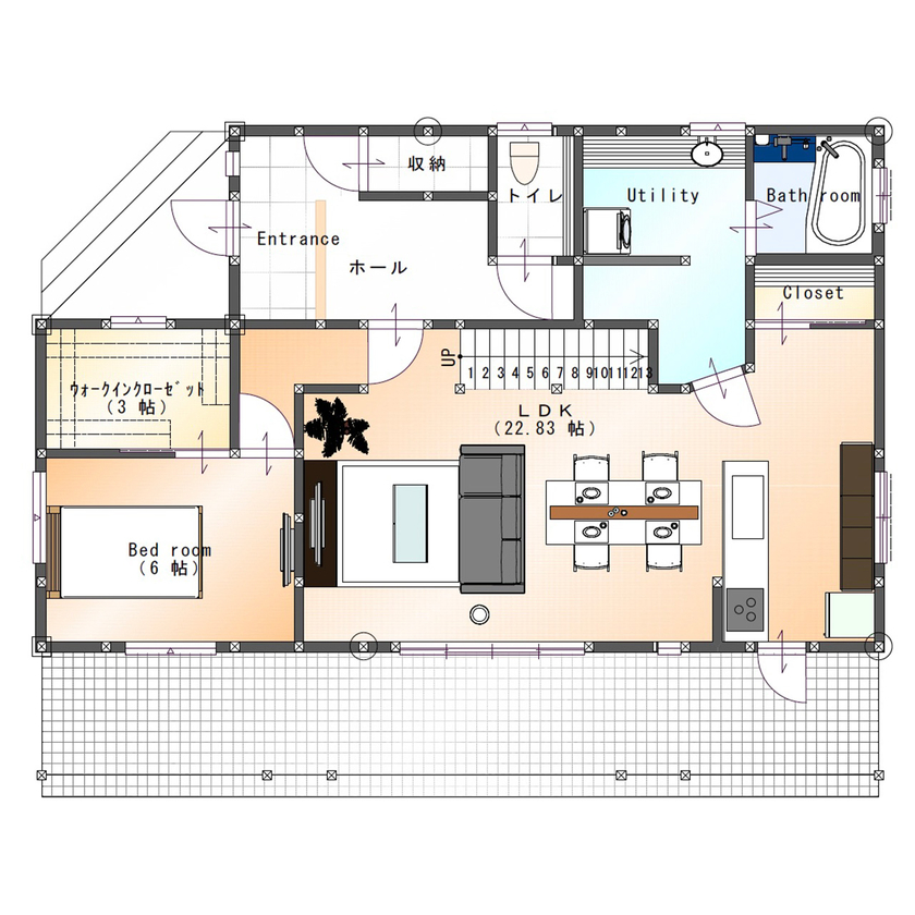 SAMATA 【3087万円/35坪】洗練された空間に、曲線やアクセントクロスの遊び心を加えた家の間取り図（3LDK+フリースペース）1階