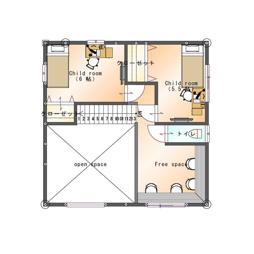 SAMATA 【3087万円/35坪】洗練された空間に、曲線やアクセントクロスの遊び心を加えた家の間取り図（3LDK+フリースペース）2階