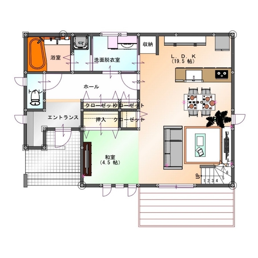 SAMATA 【3070万円/34.74坪/間取り図あり】三連窓と吹き抜けで光あふれる、開放感とくつろぎの家の間取り図（3LDK）1階