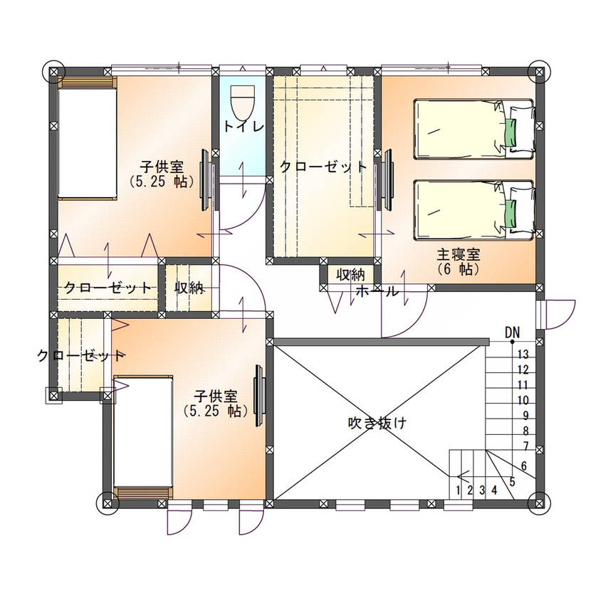 SAMATA 【3070万円/34.74坪/間取り図あり】三連窓と吹き抜けで光あふれる、開放感とくつろぎの家の間取り図（3LDK）2階