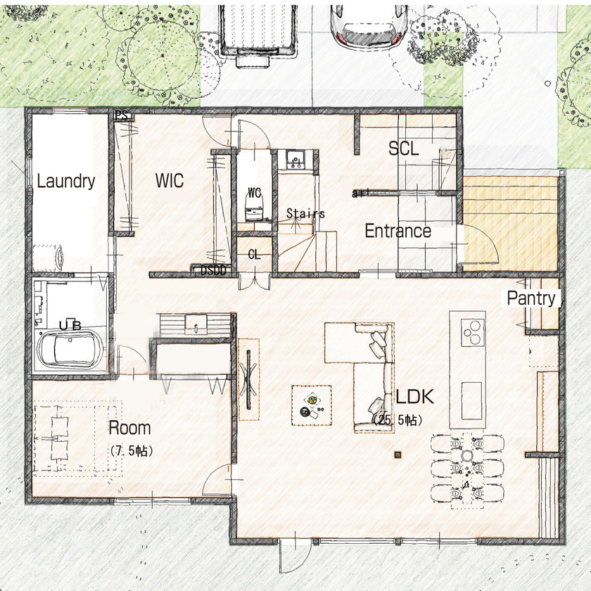 リグスタイルカンパニー 【2000万円台×42坪×広々リビング｜間取り有】「パッシブデザインと高性能に感激、冬の寒い日も半袖です」の間取り図（4LDK+WIC+ランドリー）1階