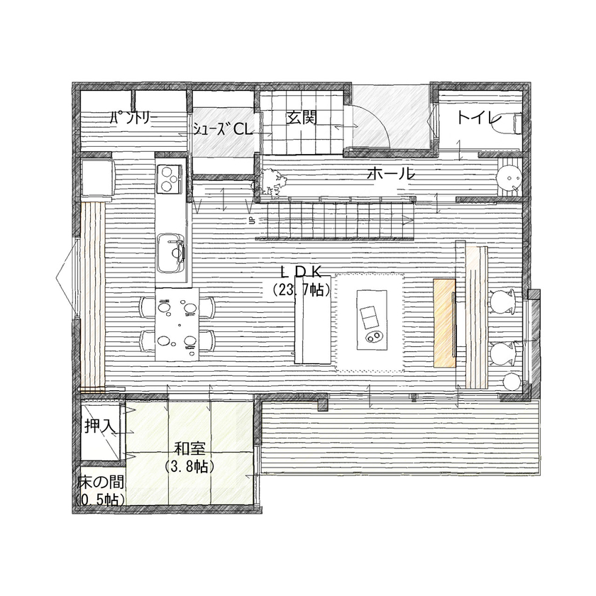 リグスタイルカンパニー 【2000万円台×36坪×回遊動線｜間取り有】「6畳用エアコンで23畳のLDKが快適です。夏の遮熱もしっかり」の間取り図（4LDK+ファミリーCL）1階