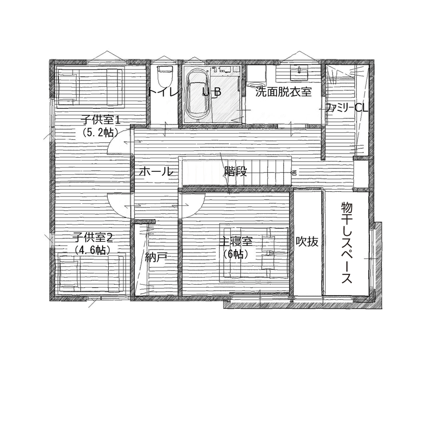リグスタイルカンパニー 【2000万円台×36坪×回遊動線｜間取り有】「6畳用エアコンで23畳のLDKが快適です。夏の遮熱もしっかり」の間取り図（4LDK+ファミリーCL）2階