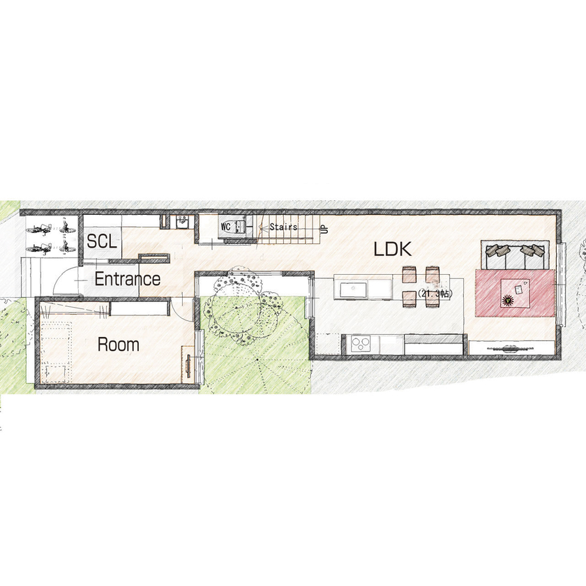 リグスタイルカンパニー 【2000万円台×31坪×中庭｜間取り有】「コの字の平屋と比較し、日照シミュレーションで明るい2階建てに」の間取り図（3LDK+WIC+ランドリー）1階