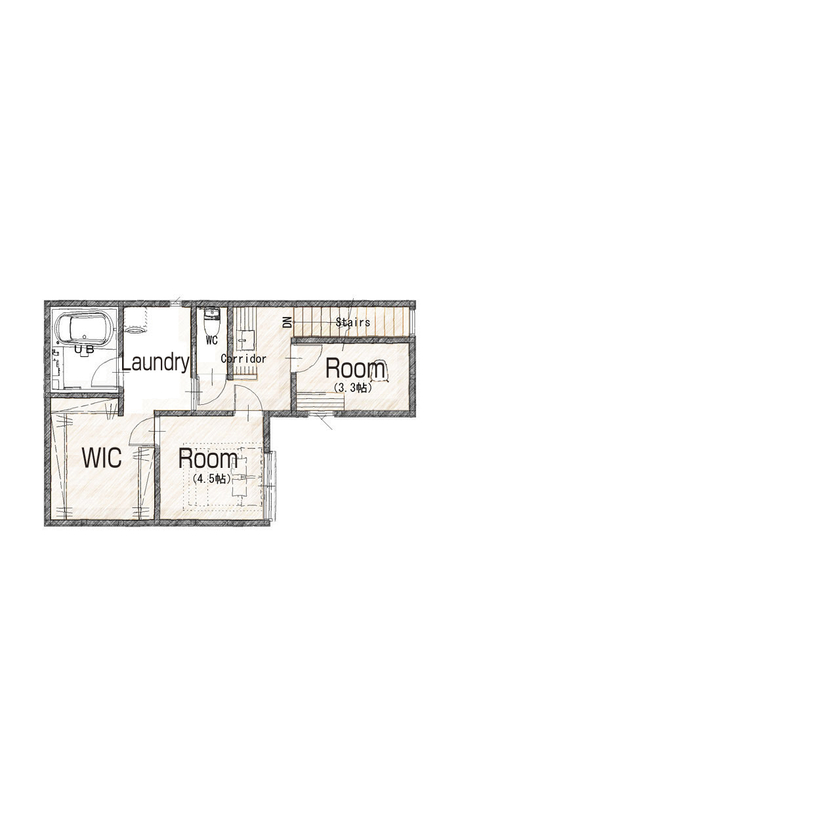 リグスタイルカンパニー 【2000万円台×31坪×中庭｜間取り有】「コの字の平屋と比較し、日照シミュレーションで明るい2階建てに」の間取り図（3LDK+WIC+ランドリー）2階
