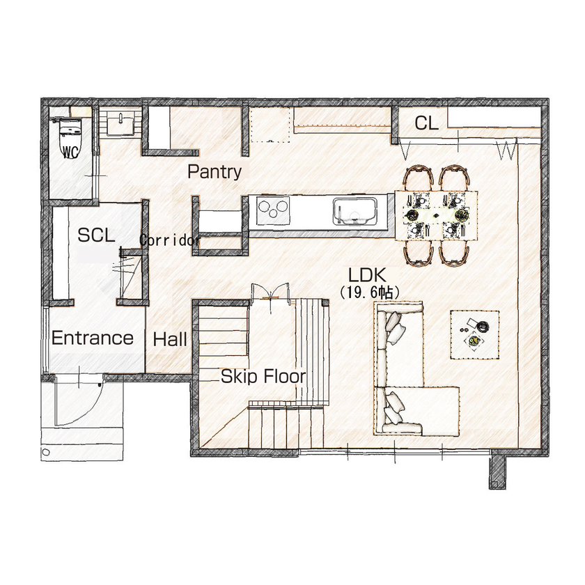 リグスタイルカンパニー 【2000万円台×31坪×スキップフロア｜間取り有】「ランニングコストを抑える、理に適った家づくりが魅力」の間取り図（3LDK+WIC）1階