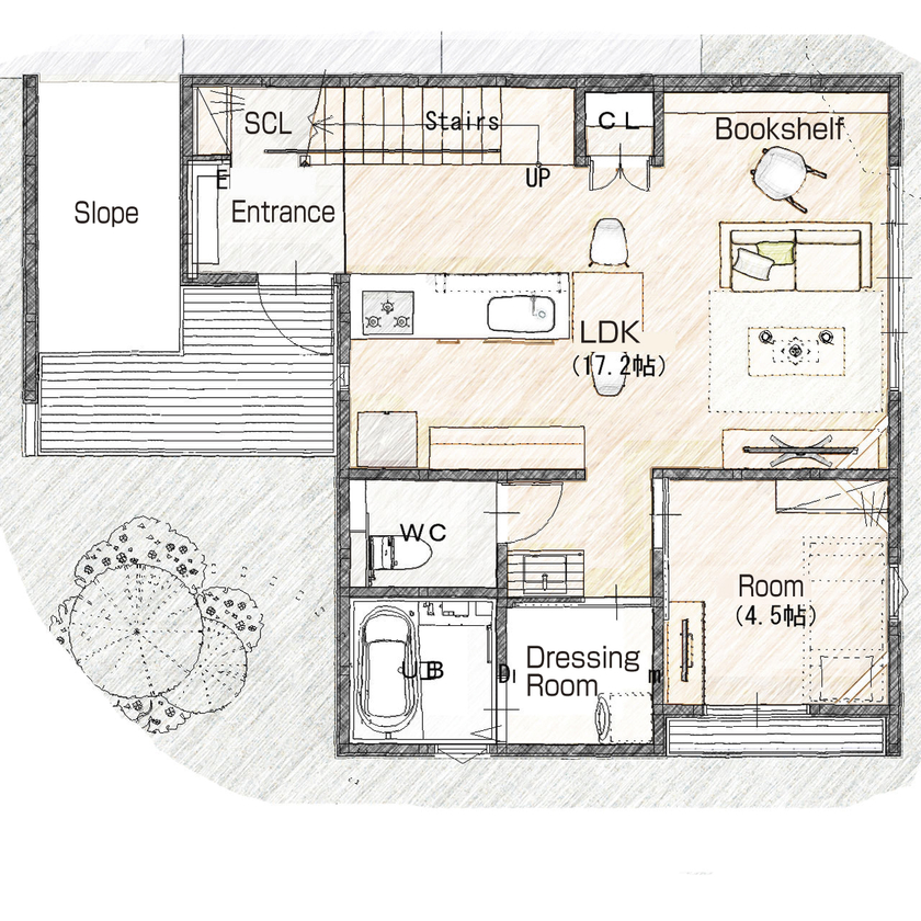 リグスタイルカンパニー 【1000万円台×22坪×バリアフリー｜間取り有】飽きの来ない大人インダストリアル。「どこを見てもお洒落」の間取り図（2LDK+書斎+ロフト）1階