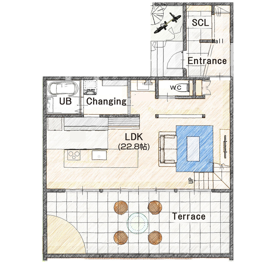 リグスタイルカンパニー 【33坪×中庭テラス｜間取り有】50坪の敷地を目一杯生かし、プライベートテラスでのびやかに暮らす家の間取り図（3LDK+WIC+書斎）1階