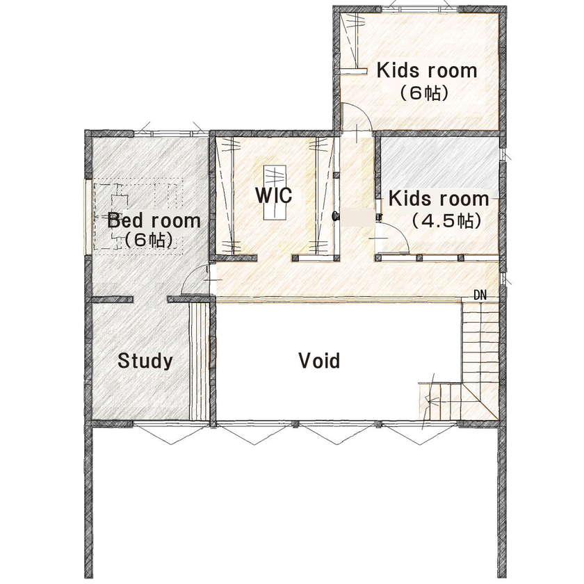 リグスタイルカンパニー 【33坪×中庭テラス｜間取り有】50坪の敷地を目一杯生かし、プライベートテラスでのびやかに暮らす家の間取り図（3LDK+WIC+書斎）２階