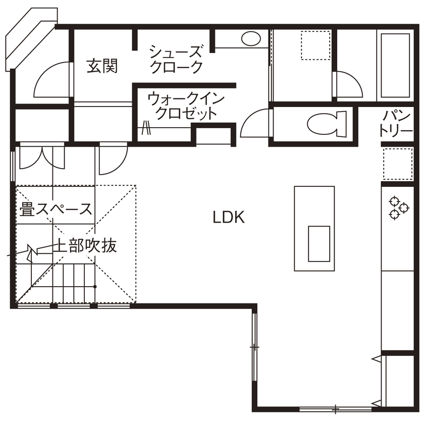 リグスタイルカンパニー 【2000万円台｜30坪台｜間取り有】陽だまりの畳スペースは幸せの象徴。大勢の人が集まる吹抜リビングの家の間取り図（4LDK＋畳スペース）１階