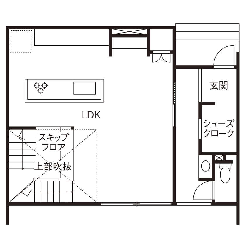 リグスタイルカンパニー 【2000万円台｜30坪未満｜間取り有】スキップフロアは書斎やシアタールームに。シンプルでコンパクトな家の間取り図（3LDK）１階