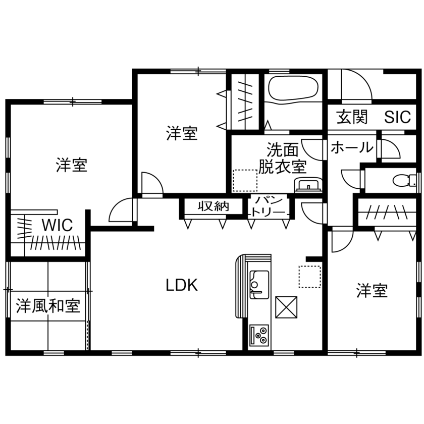 一建設 【1880万円／平屋／耐震等級3／間取図有】要望を満たしながら、シンプル＆コンパクトに設計した平屋の間取り図（4LDK）1階