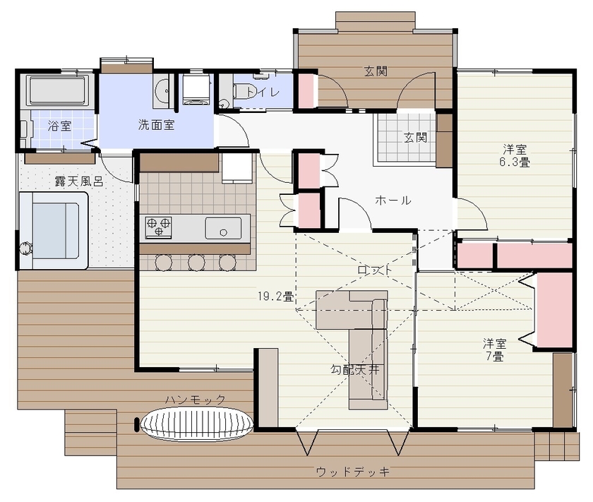 東海住宅 【1000万円台後半/土地探しからご一緒に】天然露天風呂付！人気の平屋建築＋露天風呂をお手軽価格で実現の間取り図（2LDK）1階
