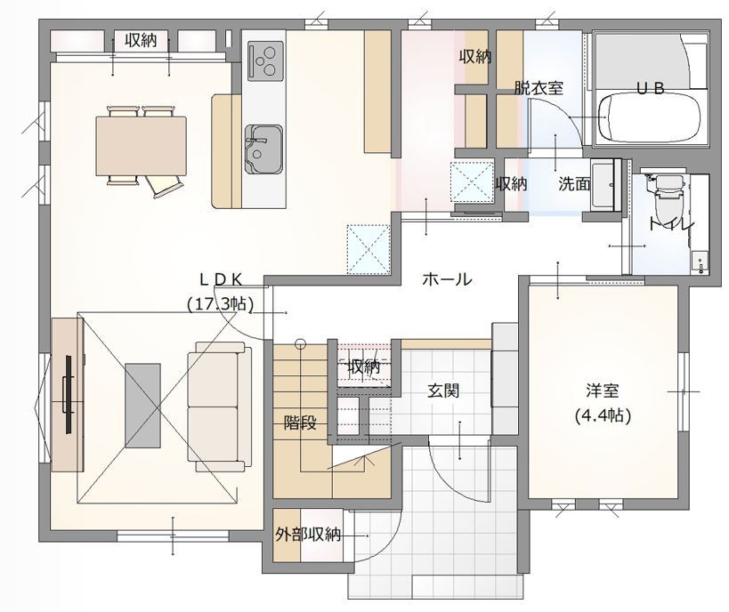 東海住宅 【2000万円台｜収納充実｜家事ラクの工夫】家族時間が充実する工夫満天　ランドリースペースが自慢の住まいの間取り図（4LDK）1階