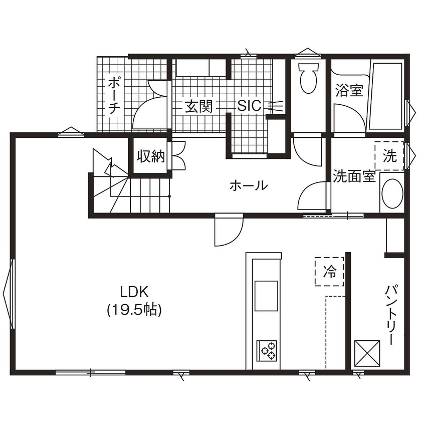 アゲルホーム ワンちゃんと楽しく暮らすアイデアがいっぱい。予算内で夢を叶えたカリフォルニアスタイルの家の間取り図（3SLDK）1階