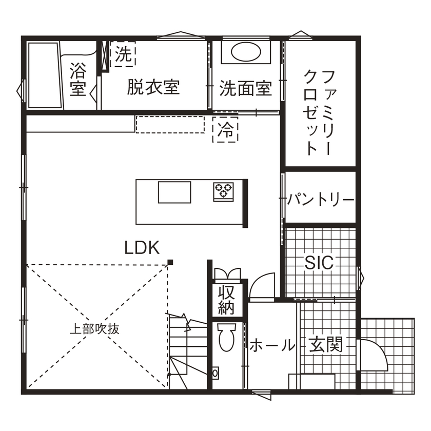 アゲルホーム 「この人にお任せしたい！」が家づくりのスタート。理想のデザイン×家事ラク動線にこだわったキューブの家の間取り図（3LDK）1階