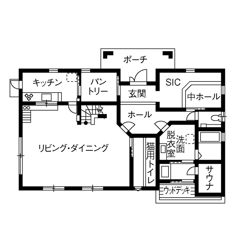 アゲルホーム 【趣味／ペット／サウナ／独立キッチン】趣味を楽しみ、愛猫たちも喜ぶ南欧デザインの家の間取り図（1LDK＋サウナ）1階