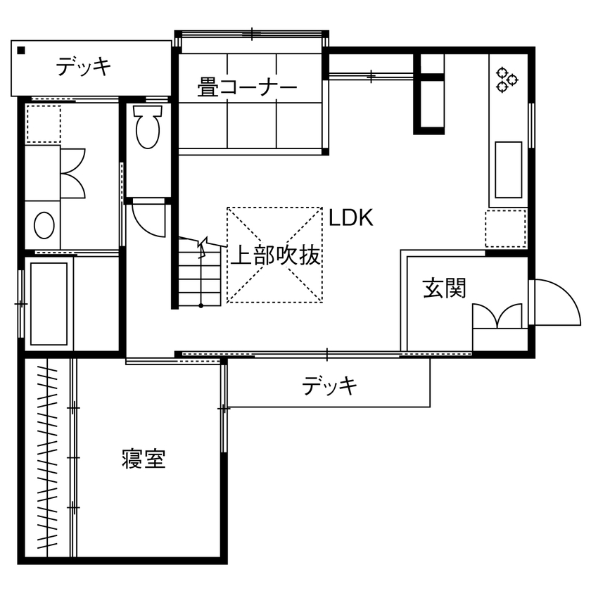 いがみ建築工房　伊神建設 【各務原市｜自然素材】「こんなお家で暮らしたい」で叶えたコンパクトなのに伸びやかな「小さな家」の間取り図（1LDK＋フリースペース）1階