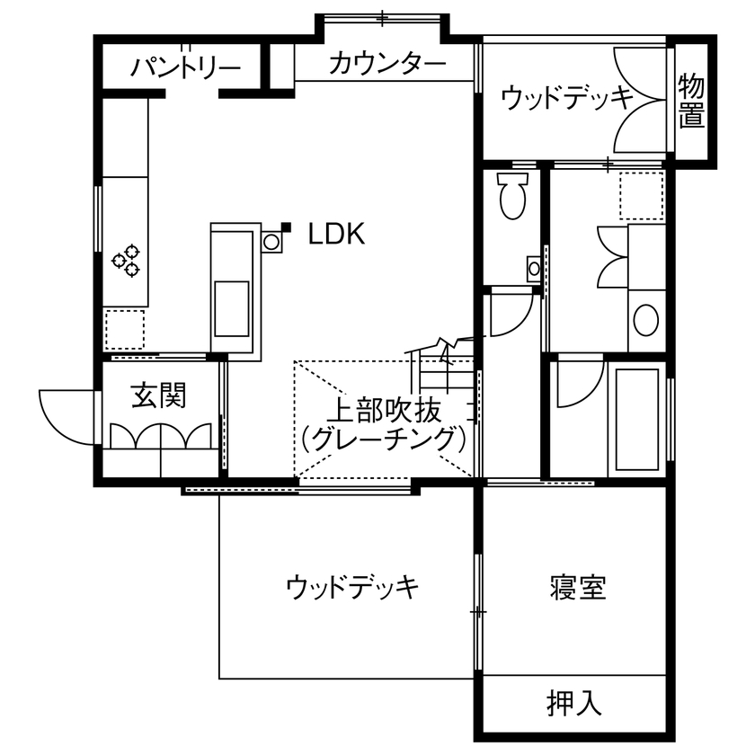 いがみ建築工房　伊神建設 【各務原市｜自然素材】日本伝統の「土蔵造り」をほうふつとさせる、どこか懐かしさを感じる「小さな家」の間取り図（1LDK＋2階ホール）1階