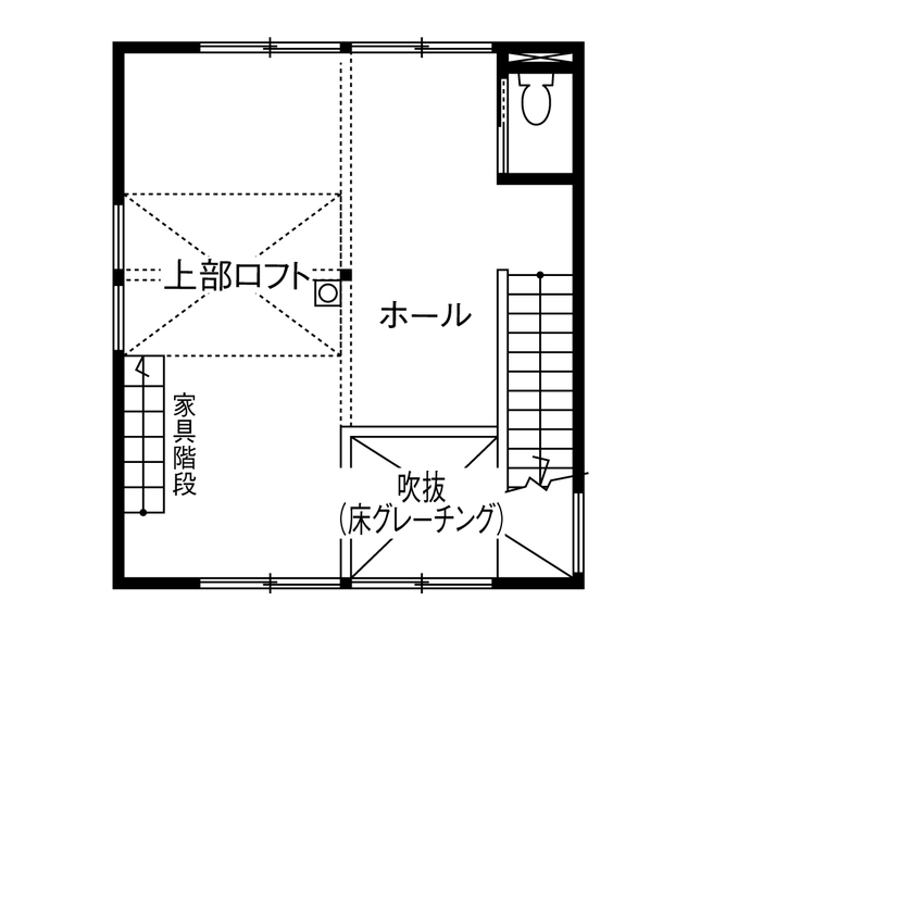 いがみ建築工房　伊神建設 【各務原市｜自然素材】日本伝統の「土蔵造り」をほうふつとさせる、どこか懐かしさを感じる「小さな家」の間取り図（1LDK＋2階ホール）2階