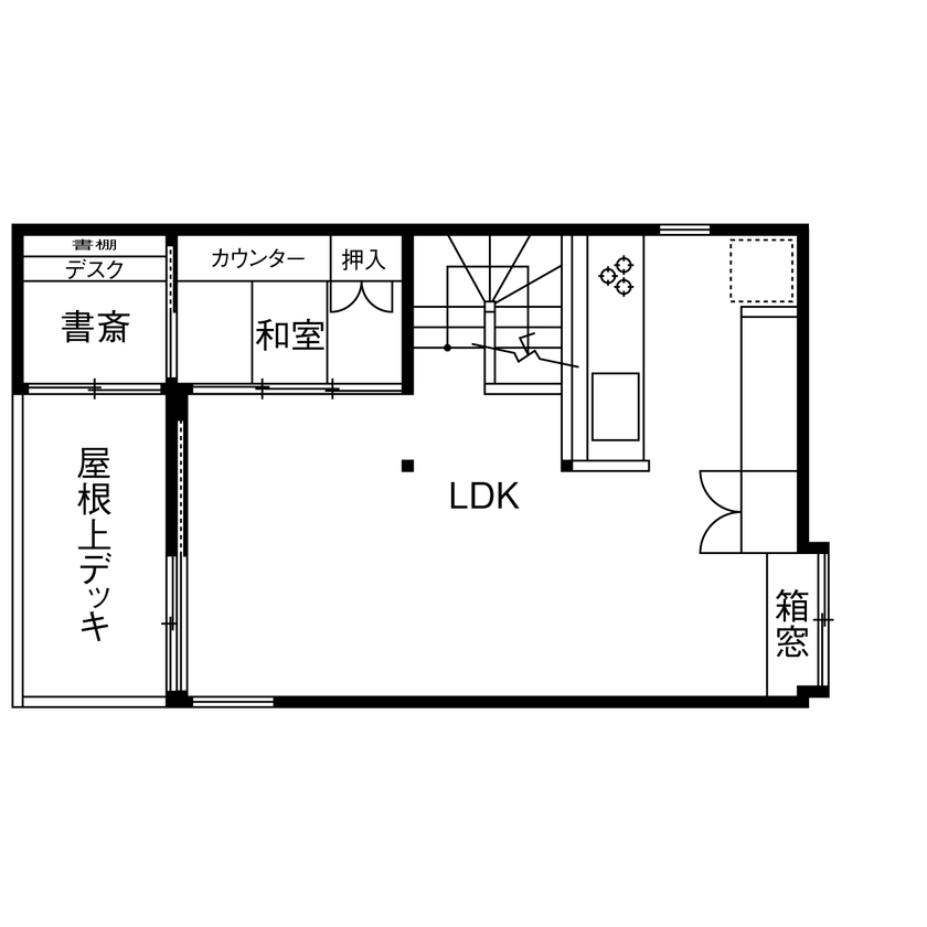 いがみ建築工房　伊神建設 【各務原市｜自然素材×焼杉壁】2階LDKで居場所もいっぱい。36坪の土地に建てた格子戸のある「小さな家」の間取り図（3LDK＋書斎）2階