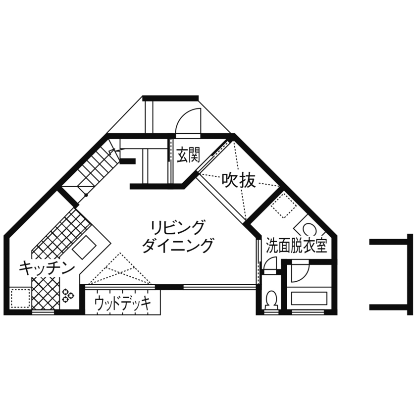 negla設計室 【扇形変形土地】自然と共生しながら美しく暮らす、アイデア満載の建築士自邸の間取り図（2LDK）１階