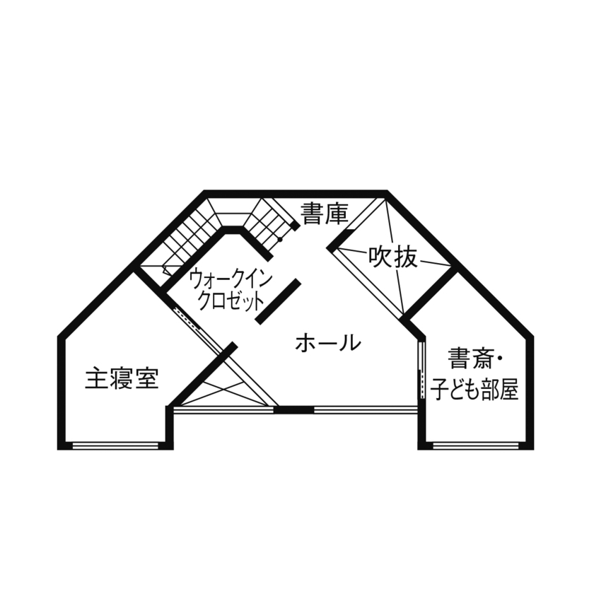 negla設計室 【扇形変形土地】自然と共生しながら美しく暮らす、アイデア満載の建築士自邸の間取り図（2LDK）２階