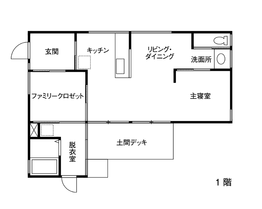 negla設計室 【1700万円・16坪】さりげなくて、おしゃれで。自然な距離感が心地よい平家の間取り図（1LDK）1階