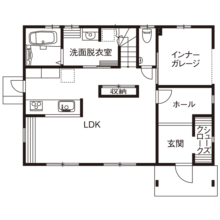 cozy house（コージーハウス） 【ガレージ/2000万円台/35坪以下/間取り有】外壁も床も壁も自然素材。傷も味に、シャビーシックな可愛い家の間取り図（3LDK＋ガレージ＋納戸）1階