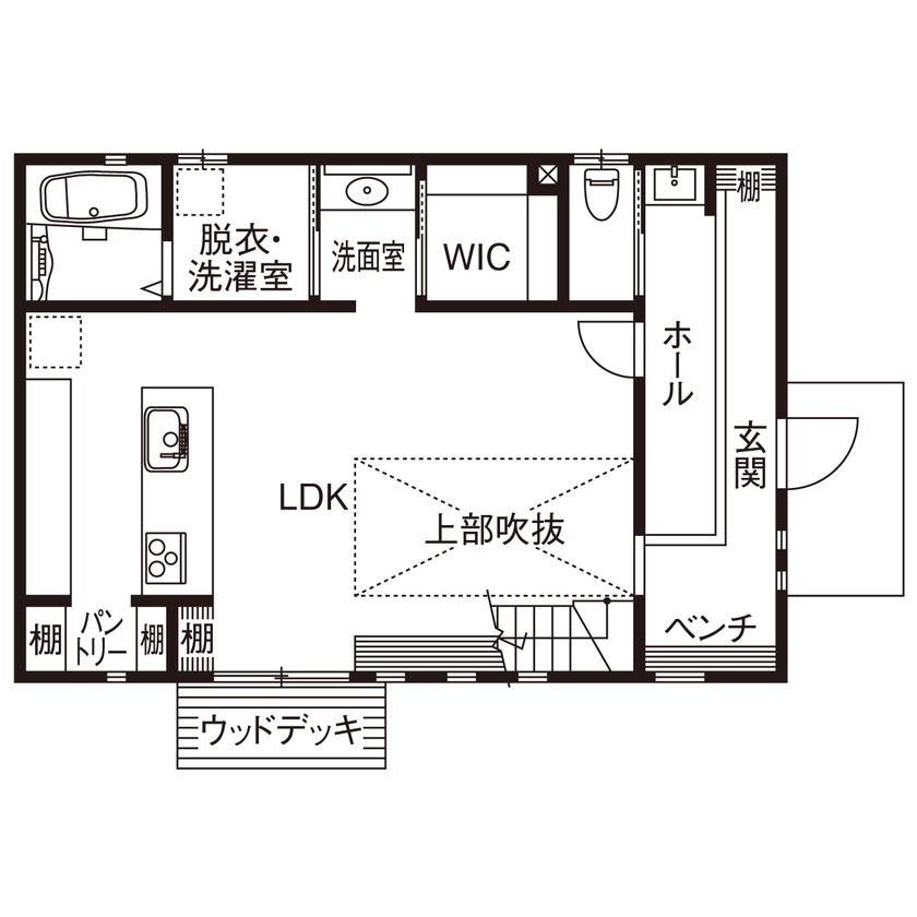 cozy house（コージーハウス） 【2000万円台/35坪/吹抜け/家事ラク/間取り有】リビングは大きな窓が開放感たっぷり。白い三角屋根のおうちの間取り図（3LDK）1階