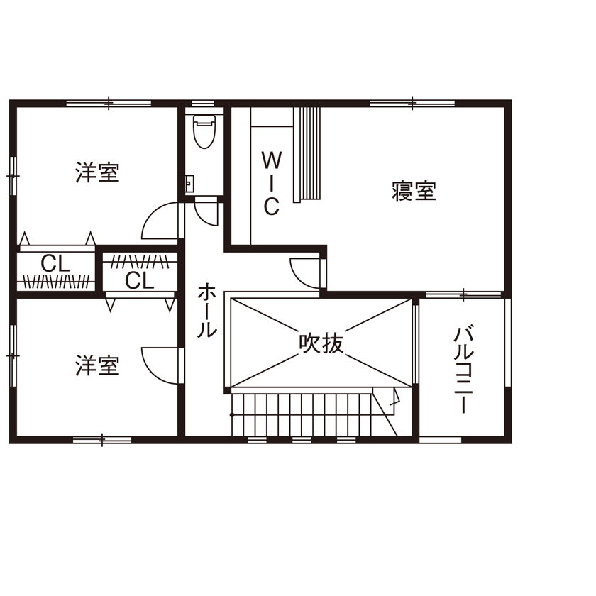 cozy house（コージーハウス） 【2000万円台/35坪/吹抜け/家事ラク/間取り有】リビングは大きな窓が開放感たっぷり。白い三角屋根のおうちの間取り図（3LDK）2階