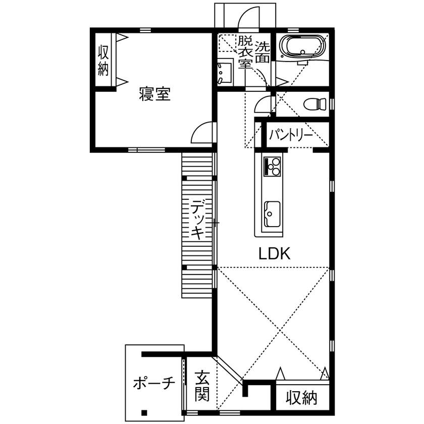 cozy house（コージーハウス） 【平屋/1000万円台/17坪/間取り有】セカンドライフを楽しむコンパクト平屋。ロフト大収納、お庭やデッキもの間取り図（1LDK＋ロフト）1階