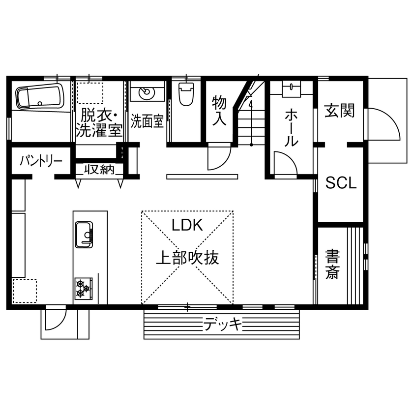 cozy house（コージーハウス） 【自然素材/2000万円台/40坪以下/間取り有】耐震等級3の安心、可愛いと落ち着きを併せた吹抜けリビングの家の間取り図（3LDK＋書斎＋WIC）1階