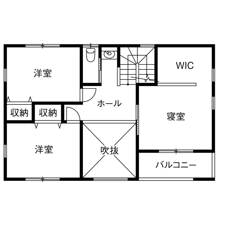 cozy house（コージーハウス） 【自然素材/2000万円台/40坪以下/間取り有】耐震等級3の安心、可愛いと落ち着きを併せた吹抜けリビングの家の間取り図（3LDK＋書斎＋WIC）2階