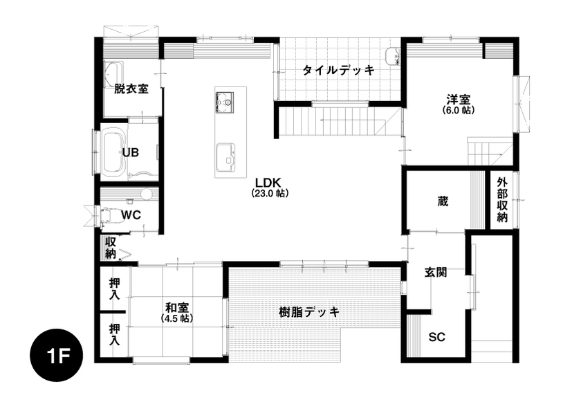万代ホーム 【吹抜け/アイランドキッチン/収納/蔵/オープン階段/ロフト】将来的に暖炉を置ける設計で楽しみが広がる家の間取り図（4LDK＋小屋裏収納）１階